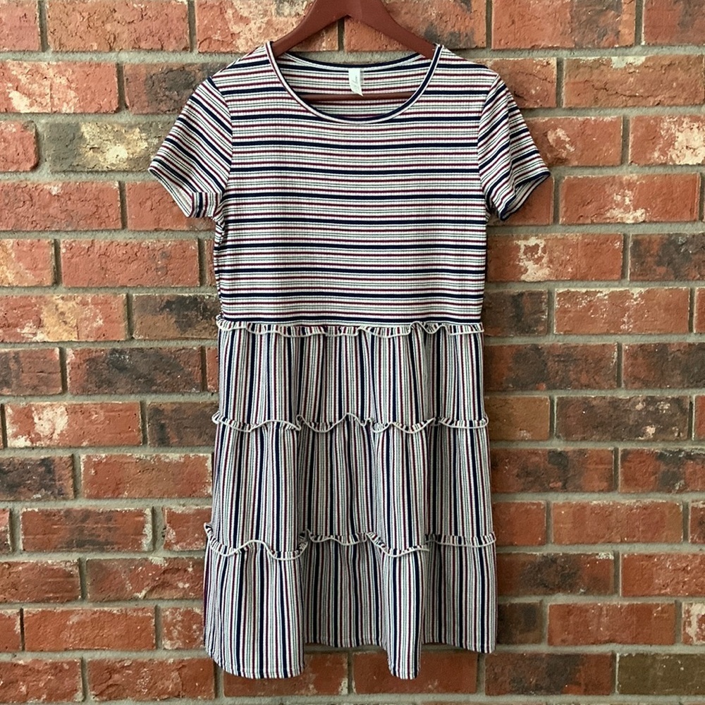 L love Ribbed Short Sleeve Striped Tiered Dress